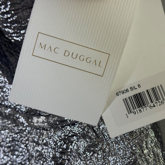 Mac Duggal Style #67906 One Shoulder Bow Midi Dress Brocade Metallic Silver - Picture 8 of 13